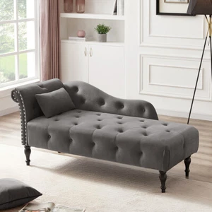60" Modern Velvet Chaise Lounge Chair Buttons Tufted Sofa Chair Couch W/1 Pillow - Picture 1 of 58