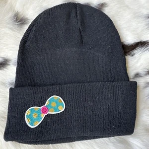 Girls Black Beanie W Adorable Yellow Polka Dot Bow - Picture 1 of 2