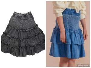 PETITE AMALIE "PETITE PINK" SKIRT BLACK WASHED DENIM SHIRRED SMOCKED RUFFLE 12 - Picture 1 of 9