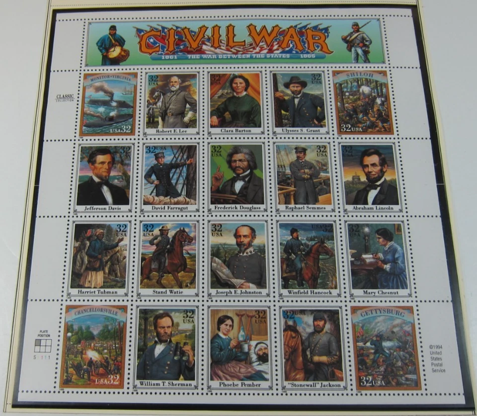 Панель марок USPS 1995 из 20 марок с пометкой людей гражданской войны Скотт No2975 как новые без наклеек и следов - Изображение 1 из 1
