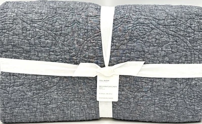 Edredón Pottery Barn de lino con puntada floral ~ lino belga ~ F/Q ~ Marina NUEVO Foto 1 de 2