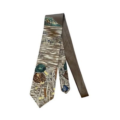 Ducks Unlimited Mens Silk Tie Mallard Duck Nature Scene Brown Woven - Image 1 of 4