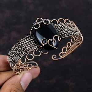 Black Onyx Gemstone Jewelry Copper Gift For Friend Wire Wrapped Adjustable Cuff - Picture 1 of 6