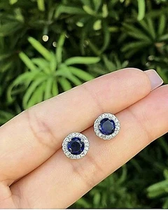 4 Ct Round Lab Created Blue & White Sapphire Halo Stud Earrings 14K White Gold - Picture 1 of 7