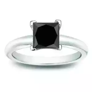 1.5Ct Lab Created Princess Black Diamond Engagement Ring 14K White Gold Finish - Picture 1 of 8