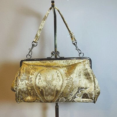 Jaclyn Smith Clutch Purse Bag Floral Gold Metallic Kiss Lock Silver Vintage - Image 1 of 4