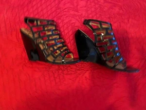 Kelsi Dagger Cut Out Cage Wedge Sandal in Shiny Black size 8 Worn Once. - Picture 1 of 5