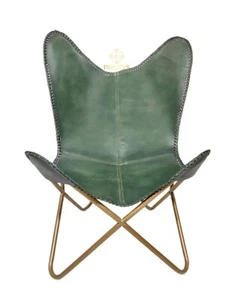 Silla De Mariposa De Cuero Verde Hecha A Mano Plegable Para Oficina Y Jardín - Imagen 1 de 12