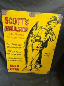 1930's Old Scott's Emulsion Sold Here Ad Pictorial Porcelain Enamel Sign Board - Picture 1 of 10