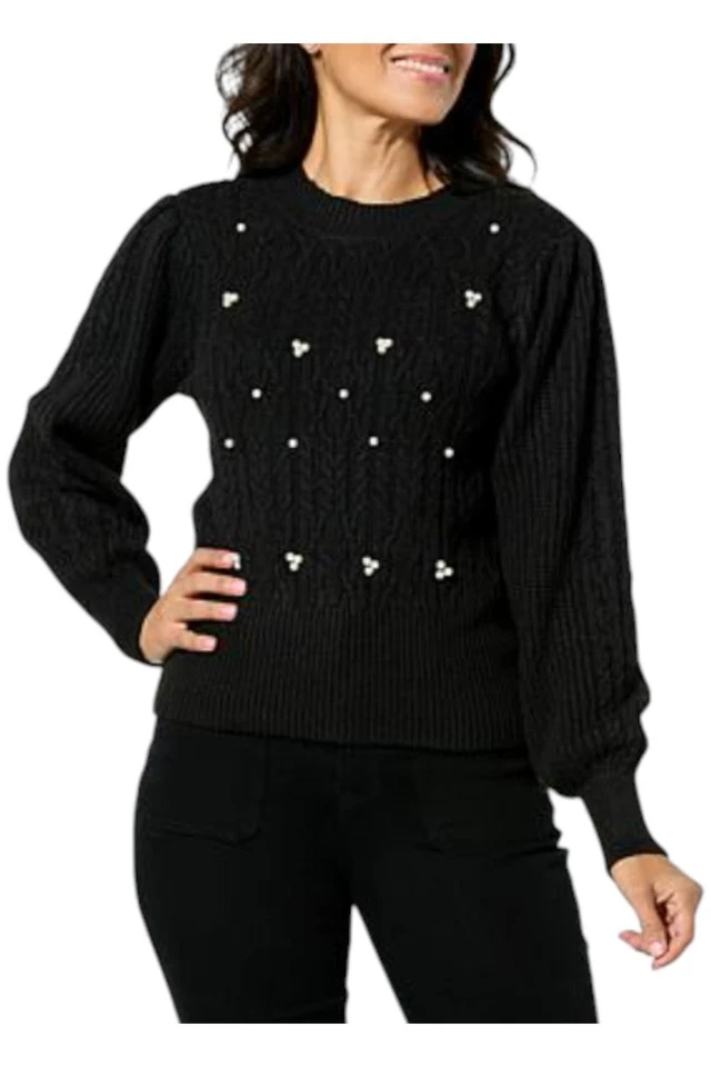 Suéter para mujer Jaclyn Smith manga abullonada tejido con cable negro belleza Foto 1 de 1