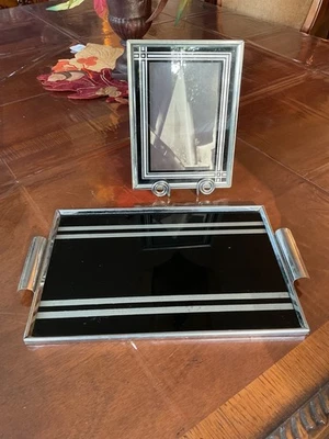 Art Deco CHROME  BLACK GLASS  VANITY TRAY , SERVING TRAY with PICTURE FRAME - Image 1 of 4