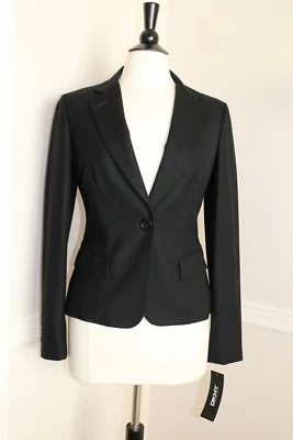 Chaqueta Blazer Nueva con Etiquetas DKNY $345 Negra Lana Fina Gabardina Un Botón Talla 4  Foto 1 de 4