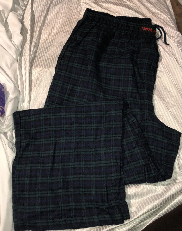 拳击手拳击手男式蓝色格子睡衣法兰绒休闲裤尺寸 2X 带飞/口袋 — 第 1/3 张图片