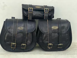 Nuovo Combo In Pelle Nera Per Moto Con 3 Borse Saddlebag E 3 Borse Laterali - Picture 1 of 7