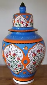 Blau & Orange 16"x9" Handbemalt Türkisch Iznik Tulpe Keramik Glas Urne Kanister - Bild 1 von 5