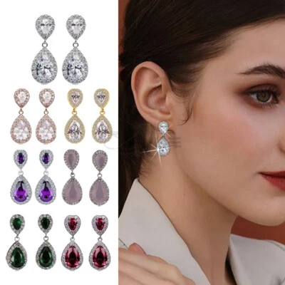 925 Sterling Silver Pink Purple Red Cubic Zirconia Teardrop Drop Dangle Earrings - Image 1 of 4