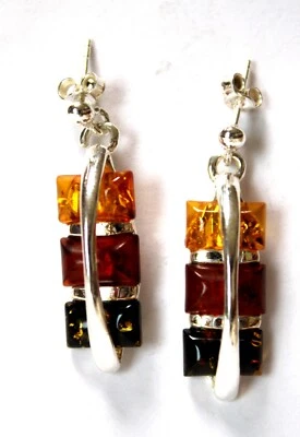 Baltic Genuine Amber Earrings 925 Sterling Silver Handmade Vintage Unique  #81 - Image 1 of 4