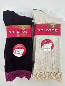 (2) GOLD TOE Girls Kids 4pk Size L 2-10.5 Boot Crew Socks Crochet NEW