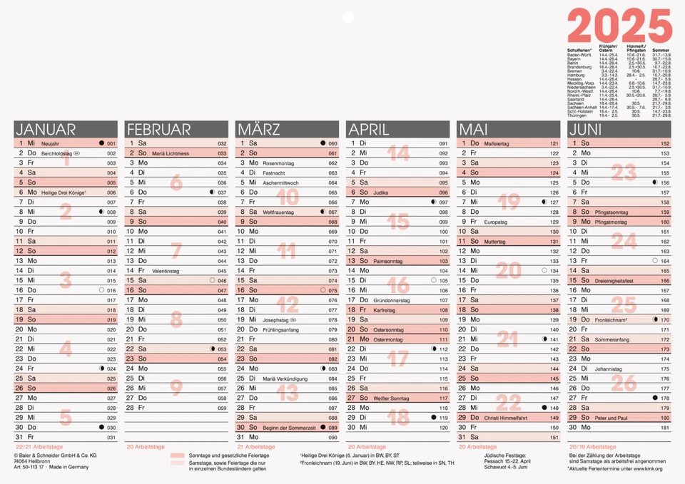 GLOCKEN 2025 Jahresübersicht 2x Tafelkalender Arbeitstagekalender A4 5011317005