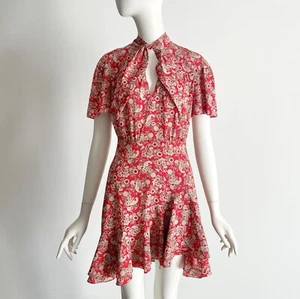 Sandro Size 36 Lane Red Paisley Floral Dress Flutter Ruffle Neck Scarf Tie - Picture 1 of 19