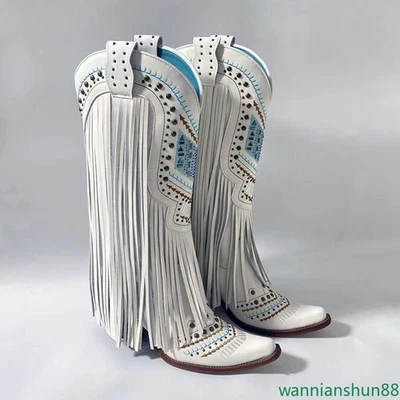 Mujeres Cuero Vaquera Borlas Punta Puntiaguda Bordado Medio Pantorrilla Botas Zapatos Retro Foto 1 de 4