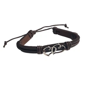 Leather Bracelet Intertwined Hearts Adjustable Brown Dark Silver Tone Jewelry - Picture 1 of 5