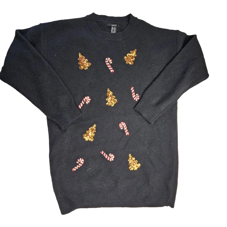 Forever 21 Negro Navidad Suéter Tejido Vestido Manga Larga Mujer XL Lentejuelas Foto 1 de 4