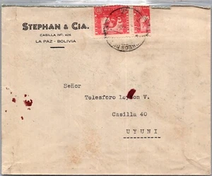 BOLIVIA POSTAL 1930/40 HISTORY COVER 1/2 60CENTS STAMP ADDR UYUNI CANC LA PAZ - Picture 1 of 2