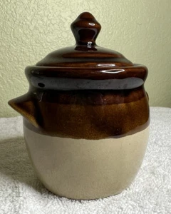 Bean Pot Jar Brown & Cream Glazed Pottery Pot Lid Maple Bacon Grease 5.5” - Picture 1 of 4