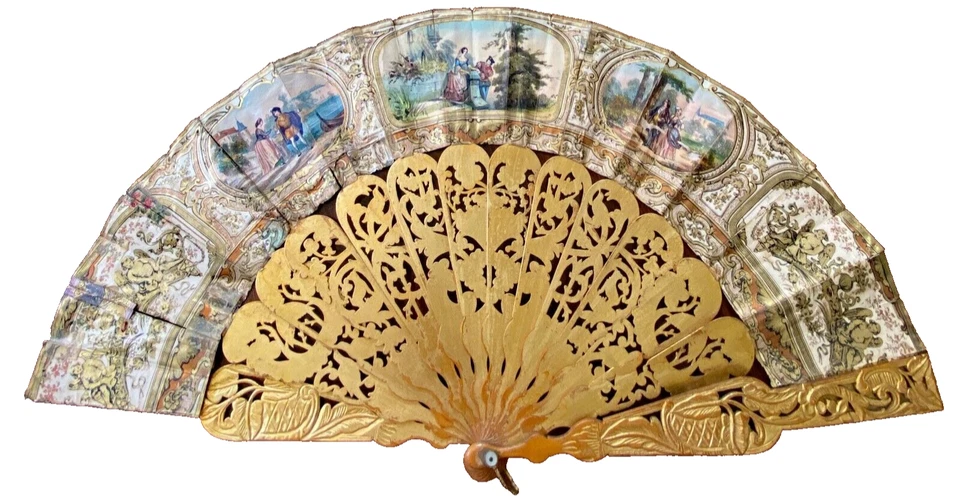 Antique Italian Hand Painted Fan with Carved Sticks XX374 - Image 1 of 4