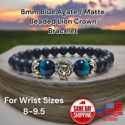 "Brazalete con cuentas elásticas cristal ágata azul 8 mm 8-9,5"" corona de plata león" Foto 1 de 3