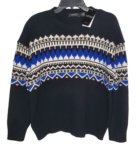 Lauren Ralph Lauren Womens Fair Isle Wool Blend Knit Sweater Black Blue SZ 1X - Picture 1 of 16
