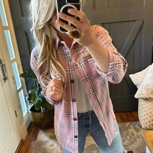 XL New Pink Plaid Button Front Shirt Jacket Flannel Shacket Coat Womens X-LARGE - Picture 1 of 7