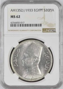 EGYPT , SILVER 20 PIASTRES KING FUAD FOUAD 1933 NGC MS 62 , RARE31 - Picture 1 of 2