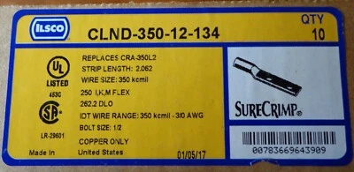 ILSCO CLND-350-12-134 SURE CRIMP LUG, BOX OF 10, BRAND NEW!!! - Image 1 of 3