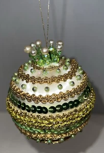 Vintage Ornate Push Pin Sequins Satin Christmas Ball Ornament-Green Gold White - Picture 1 of 7