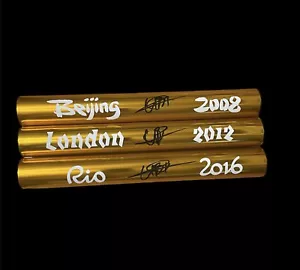 Usain Bolt Signed Beijing 2008 London 2012 Rio 2016 Gold Batons COA Proof Pho... - Picture 1 of 6