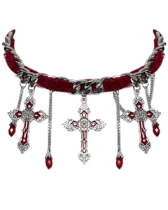 Punk Rave Womens Gothic Crucifix Chained Jewelled Choker Necklace Red Velvet - Picture 1 of 8
