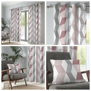 Pink & Grey Magna Geometric 100% Cotton Eyelet Lined Curtains OR Cushion/Cover