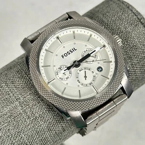 Fossil Watch Mens 45mm Machine Date Chrono Silver Tone 6.75" Quartz New Battery - Picture 1 of 12