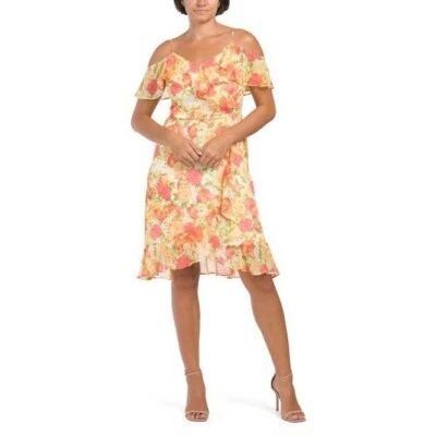 London Times Women Yellow Floral Cold Shoulder Chiffon Wrap Style Dress Sz 8 New - Image 1 of 4