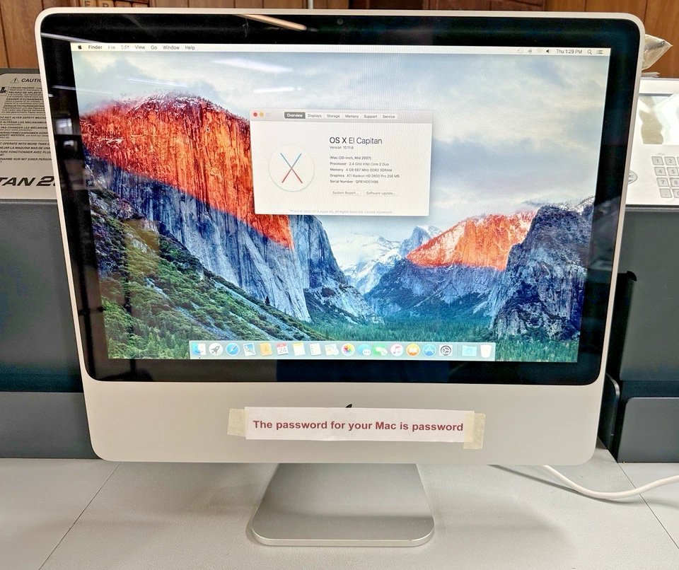 OBO Apple iMac 20" 2.4GHz4GB-RAM 1TB-HDD Mac OSX(El Capitan)(10.11.6) A1224 2007 - Image 1 of 4