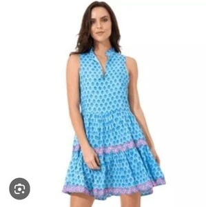 Oliphant Dress Short Lined Blue Cotton Yoke Style Size Small Blue & Pink Trim - Picture 1 of 16