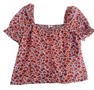 Madewell Floral Puff Sleeve Top Size 10 Red/Blue Square Neckline - Picture 1 of 7
