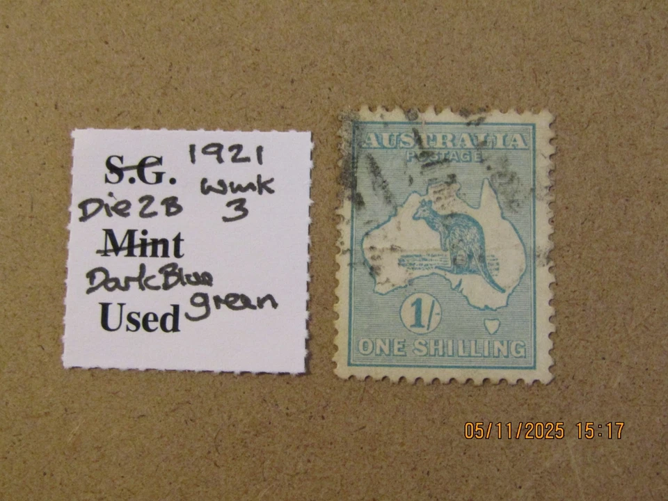 AUSTRALIA SG 40 KANGAROO 1/- DARK BLUE GREEN DIE 2b WMK 3/SG No.6 WMK - Image 1 of 1