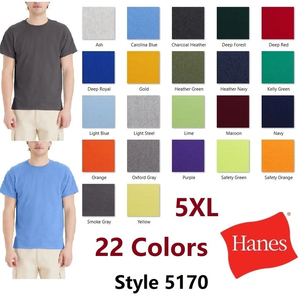 Hanes 5XL EcoSmart Crewneck Short Sleeve Tee 5170 Unisex Pit to Pit 31" - Image 1 of 1