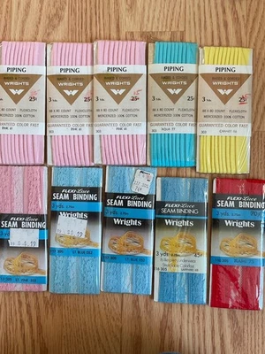 Sewing Notion Lot Wrights  Biased Corded Piping & Lace Seam Binding Blue Pink  - Image 1 of 4