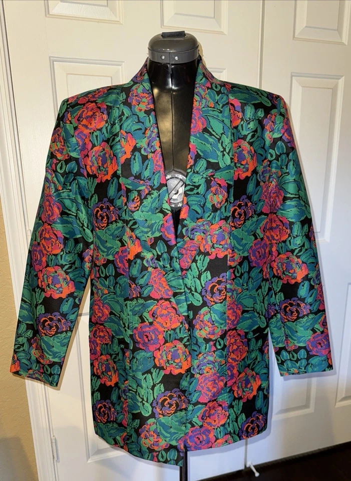 Blazer abierto de colección 100 % pura seda tailandesa hecha a mano VERDE FLORAL chaqueta para mujer 12 usado en excelente estado Foto 1 de 4