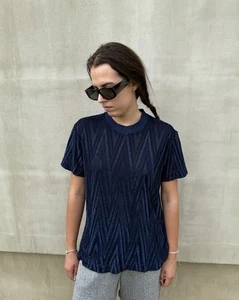 Missoni Lurex Zick Zag T-Shirt Metallic Struktur Strick Tee Top Navy XS Designer - Bild 1 von 13