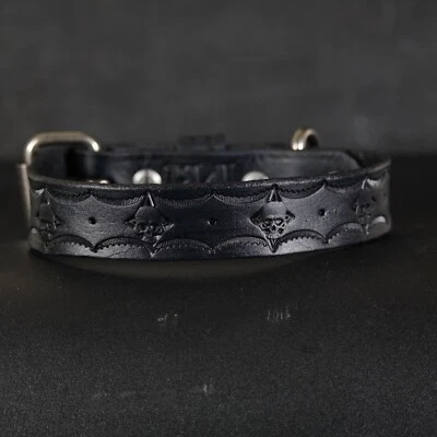 Кожаный ошейник для собаки на заказ. Ширина 1 дюйм. Дизайн черепа. ЧЕРНЫЙ - Изображение 1 из 4